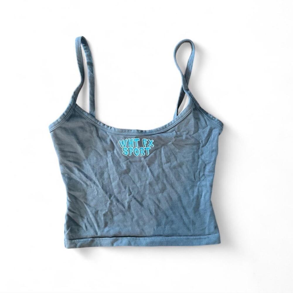 White Fox Grey Tank Top Cami Crop Top With Blue Font Logo